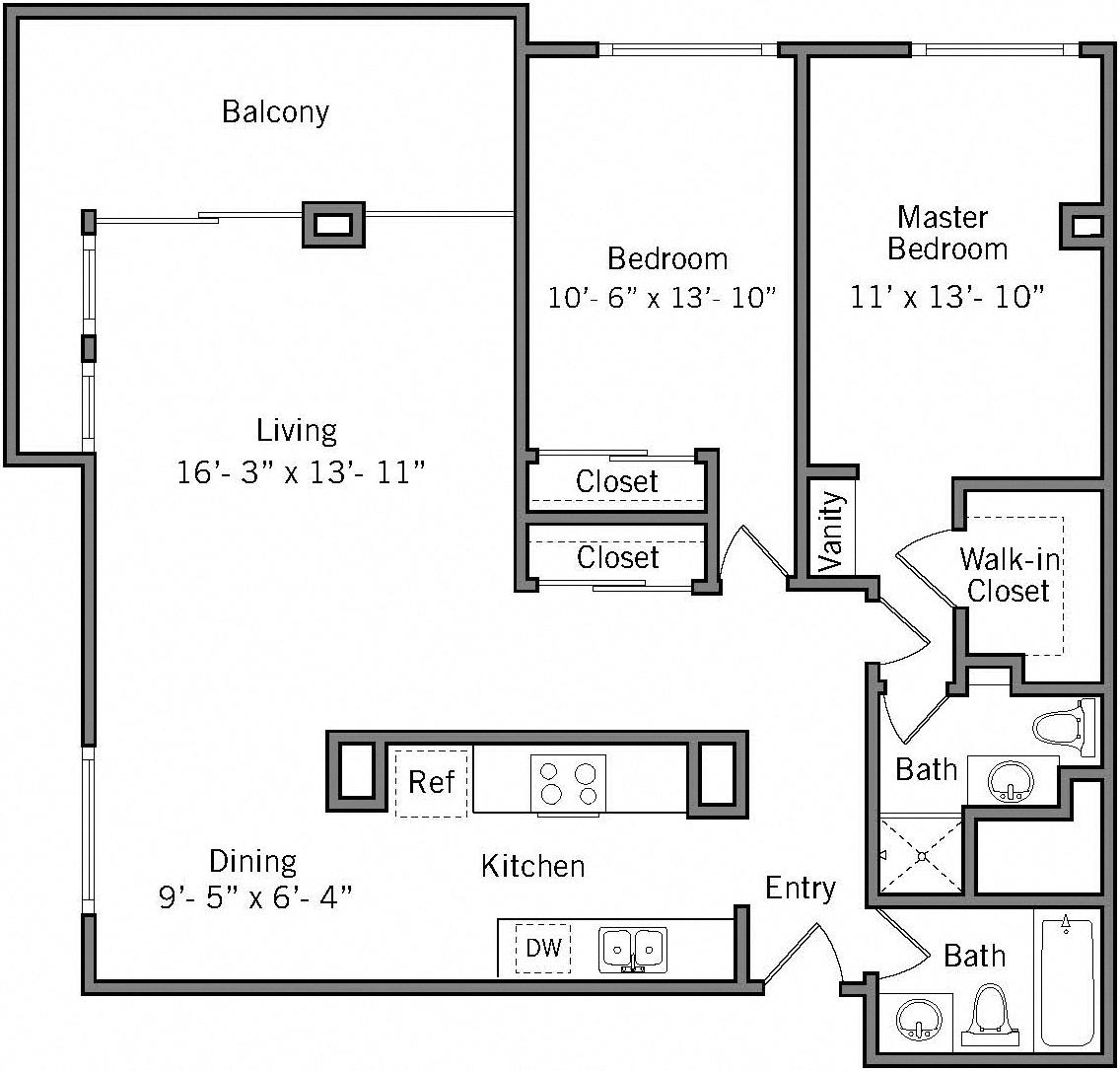 Floor plan for 2 beds, 2 baths, 1280 sqft